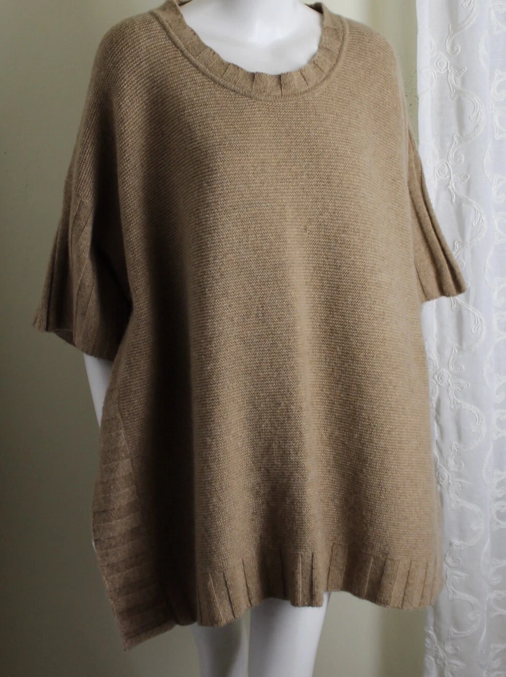 Eskandar O/S BEIGE GOLD 1 REPAIR 32"L Plush 100% Cashmere Tunic Poncho Sweater