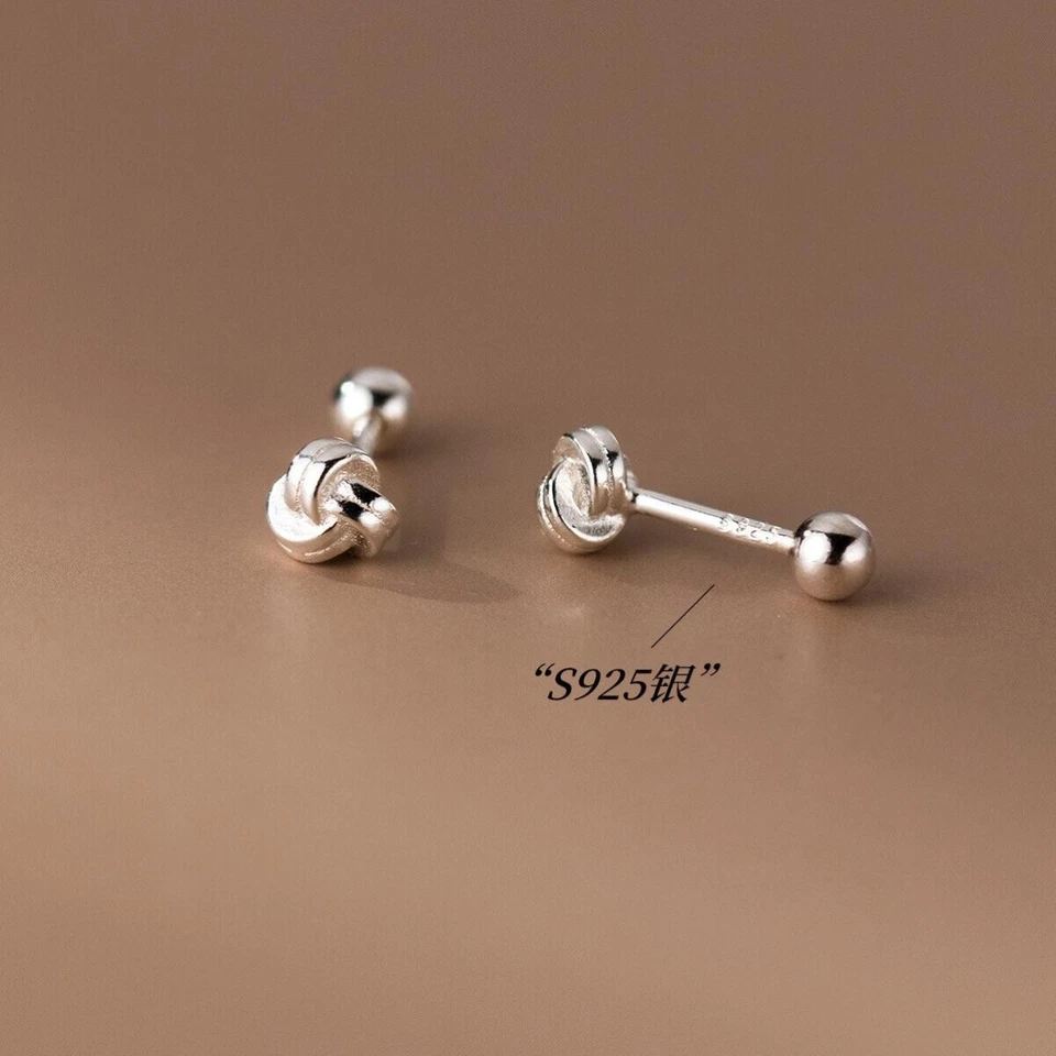 Sterling Solid Silver Knot Stud Earrings - Solid 925 Silver Screw Beads Back Set - Image 3 of 4
