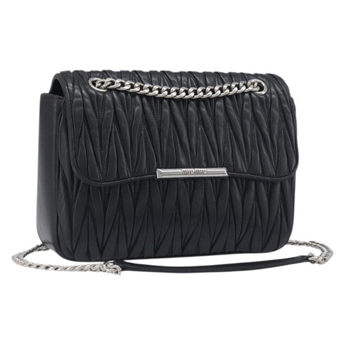 Miu Miu Matelasse Chain Shoulder Bag Leather Black Silver Auth 199113A