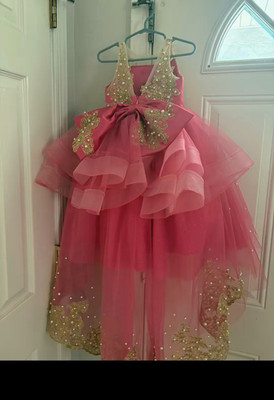 Handmade Girls Pink/Gold Tulle Dress Glitter Bow, Flower Girl Size 1 or 2 years