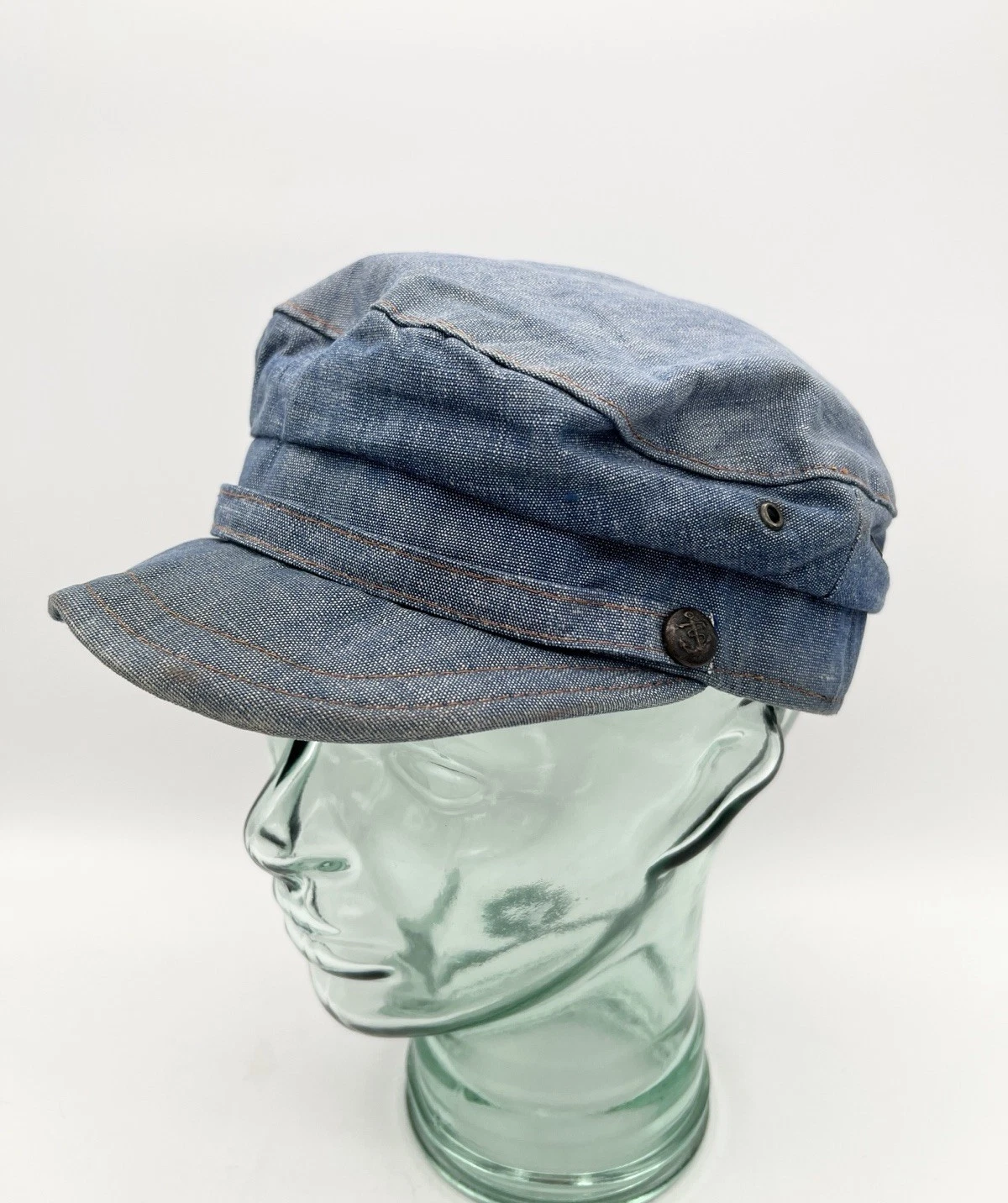 Vintage Greek Fisherman Sailor Cap Denim Blue Maritime Hat Made Greece