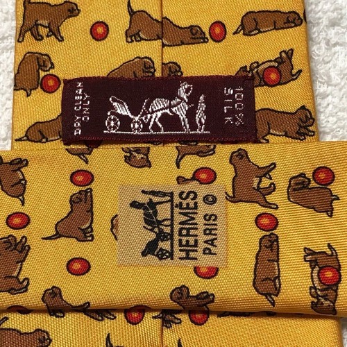 HERMES necktie puppy playing with a ball all over pattern 100% silk - Picture 6 of 9