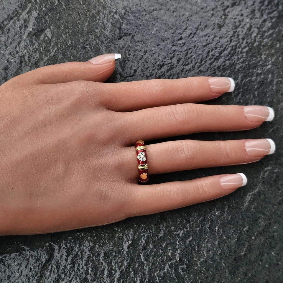 Hidalgo Diamond Heart Eternity Band Ring Red Enamel 18k Yellow White 6.7g sz 7 - Image 4 of 4