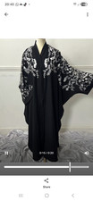 Women’s Black Long Open Front Kimono Jacket White Floral Embroidery 100% Wool