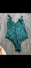 Vintage Victoria's Secret Gold Tag Teddy Lingerie Womens S Bow Lace Trim Green
