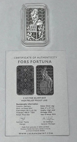 Le Grand Mint Fors Fortuna Proof-Like 2 oz .999 Fine Silver Bar with COA