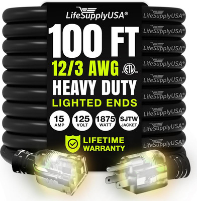 100Ft Outdoor/Indoor Extension Cord 12/3 Gauge Extra Heavy Duty 3 Prong SJTW, Wa