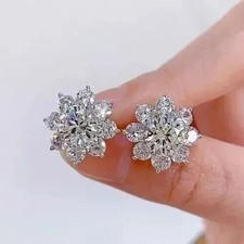 4 Ct Round Cut Lab Created Diamond Flower Stud Earrings 14k White Gold Plated