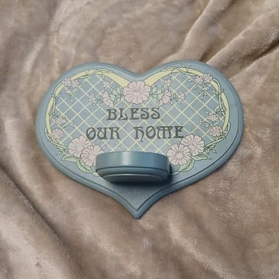 Heart-Shaped Wood Floral Wall Candle Holder 'Bless Our Home' Country Decor