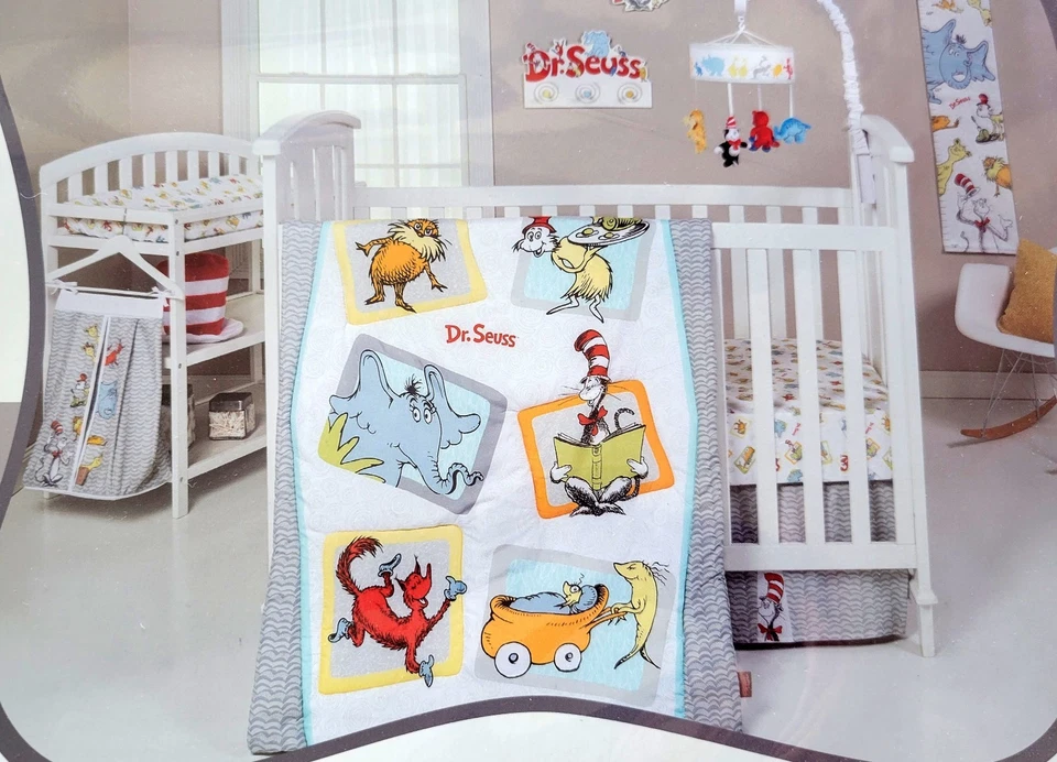 Juego de cuna de 5 piezas Dr Seuss Friends Nursery Horton Cat In The Hat Lorax Quilt NUEVO Foto 2 de 4