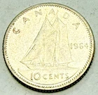 1964 Canadian Silver Ten Cent Coin/Dime - Circulated - Actual Coin W15
