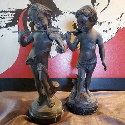 Vintage Bronze Cherubs Playing Violin Twin Unsigned Augustine Moreau