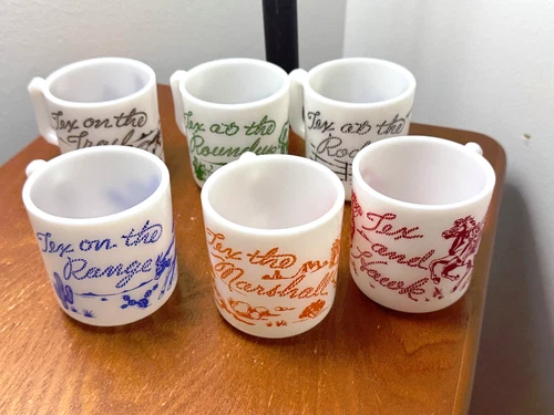 VINTAGE LOT OF (6) TEX RITTER MILK GLASS MUGS CUPS BY HAZEL ATLES 1950'S