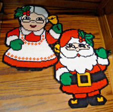 Vtg Set 2 CHRISTMAS Needlepoint Large 11"x14" Santa Mrs. Claus Decor AA17