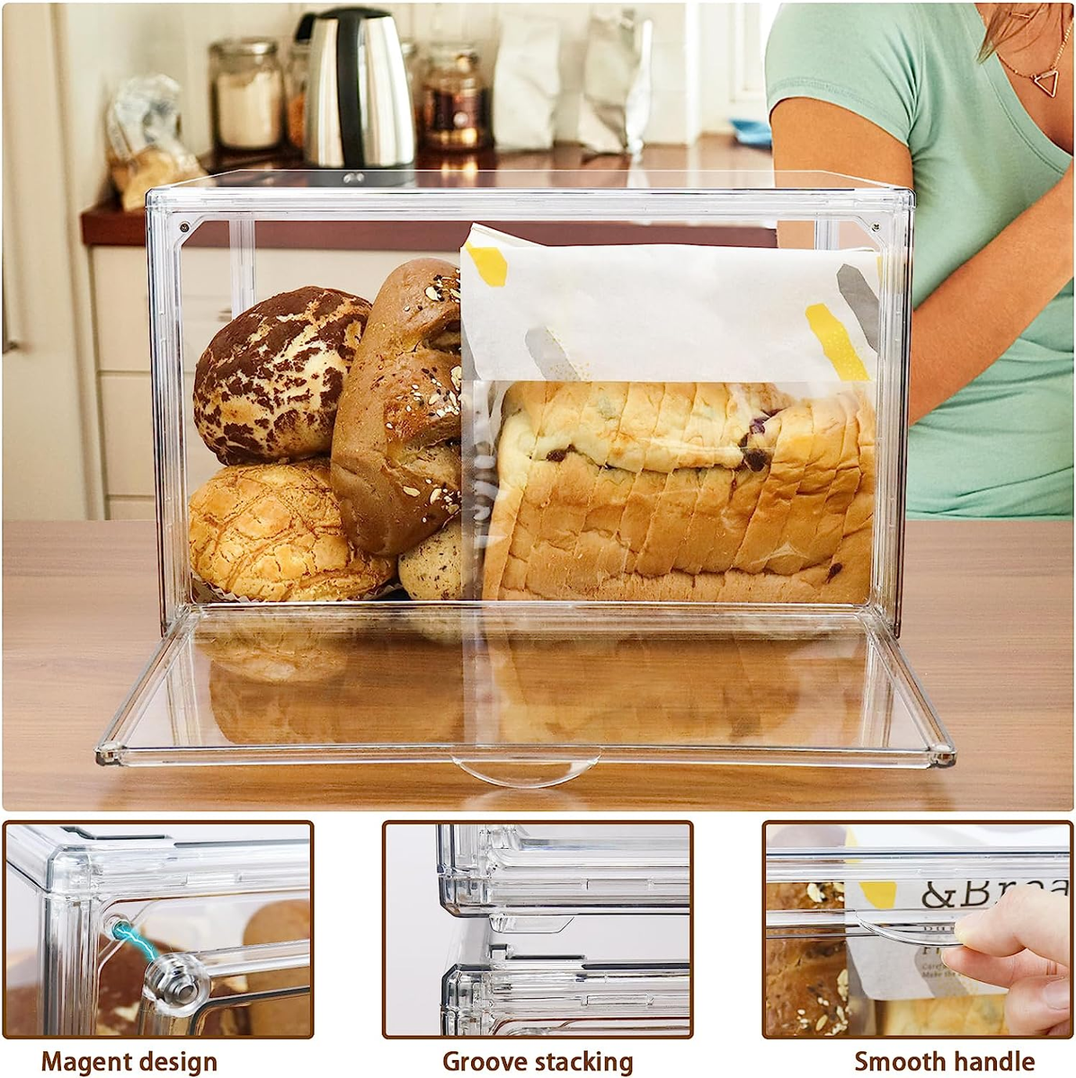2PCS Large Bread Box for Countertop, Stackable Double Layer