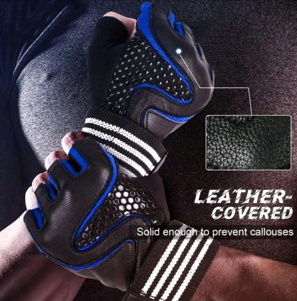 Guante de gimnasio de levantamiento de pesas entrenamiento físico entrenamiento cuero muñequeras correas XL Foto 2 de 4