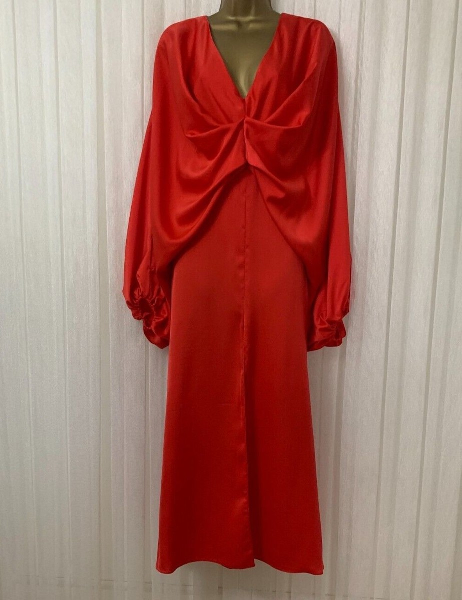 Asos Edition Coral Red Satin Batwing Dress V neck Ruched Long Sleeve Midi