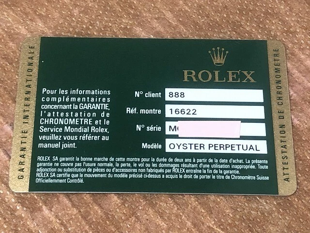 Rolex Genuine Guarantee Yacht Master 16622 Warranty M number 
