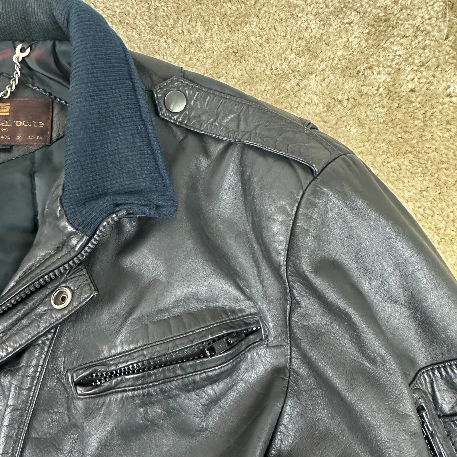 Guy Laroche Paris Mens Bomber Jacket L Leather Zip Up snap Black