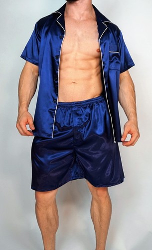 NEW MEN'S BLUE SATIN PAJAMA SET MEDIUM - Picture 4 of 5