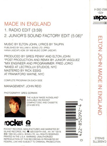 Elton John - Made In England (Cass, Single) (Very Good Plus (VG+)) - 2856434314 - Picture 2 of 4