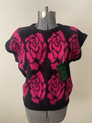 Boundary Waters Women s Vintage Black Pink Sleeveless Floral Knit Sweater Vest L