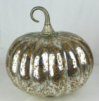 Silver Gold Mercury Glass Texture Pumpkin Metal Stem LED Lighted Decor 9''  V5