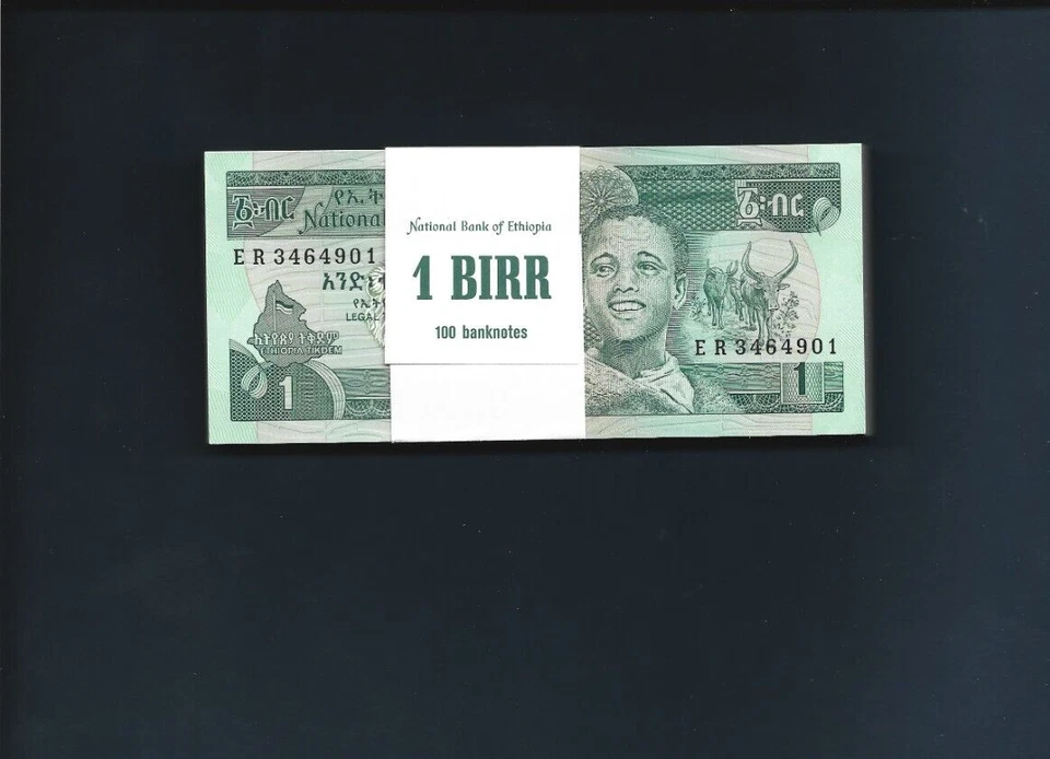 ETHIOPIA 1 BIRR P-41C 1969 1991 x 100 Pcs Lot BUNDLE BIRD COW DAM UNC MONEY NOTE - Image 4 of 4