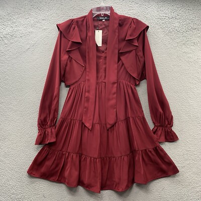 SUGAR + LIPS NWT Ruched Long Sleeve Red Burgundy Ruffle Tie Mini Dress Size XS