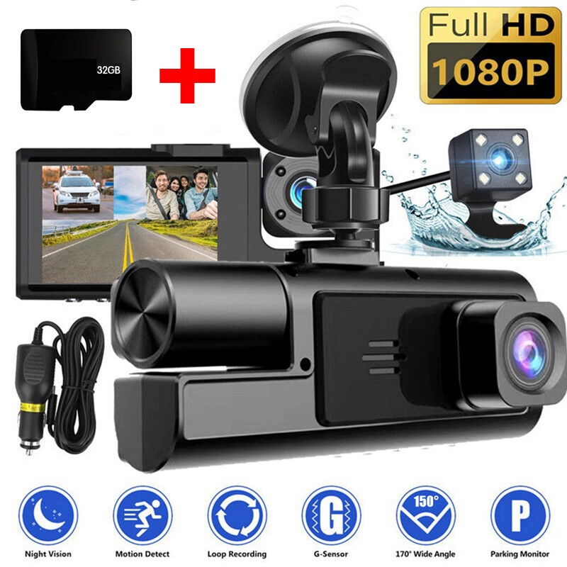 1080P Triple Dash Cam with G-Sensor and 32GB Card for Front Rear Inside Recording-image