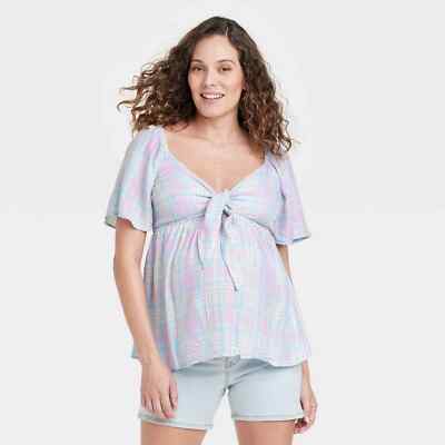 Ingrid & Isabel Peek-a-boo Tie-Front Smocked Maternity Top Plaid Size Small