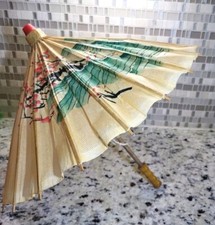 Vintage Asian Rice Paper Bamboo Parasol Umbrella Hand Painted Flowers