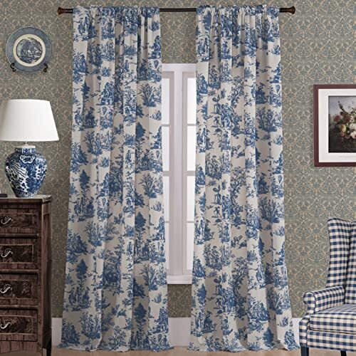 Blue Toile Window Curtains Drapes for Living Room 84 Inch Length 2