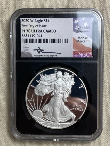 2020-W $1 Proof American Silver Eagle NGC PR 70 UC FDOI Mercanti Signed Black