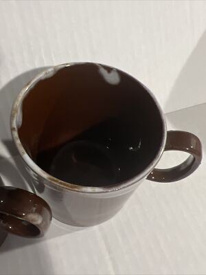 アンティーク 杯 Set of 2 Vintage Brown White Drip Glaze Flat Bottom Mug/Cup