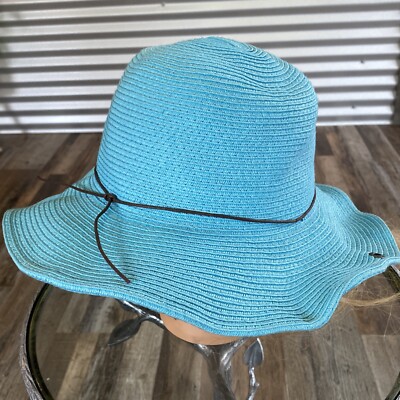 PETER GRIMM STRAW SUN HAT Light Blue Summer Travel Beach 
