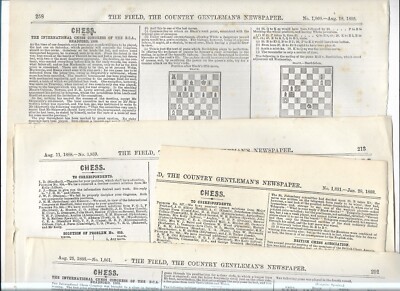 Schach - 4 verschiedene Seiten zu Schachspielen 1888 aus der Zeitschrift ''''The Field