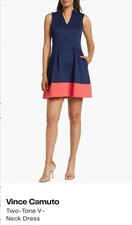 Vince Camuto Two-Tone Navy Blue and Coral V-Neck Fit & Flare Dress Size 18