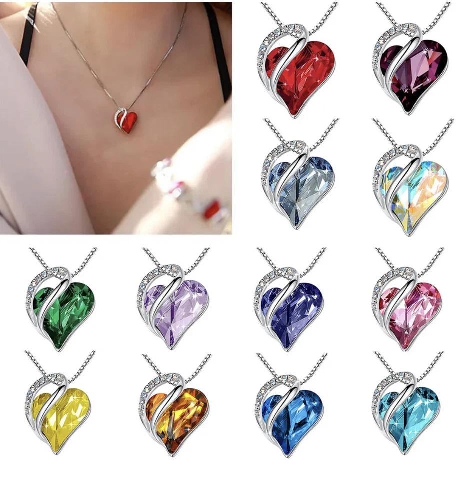 Collar de plata con corazón de piedra de nacimiento para mujer colgante de cristal de amor dama regalo de moda Foto 3 de 4