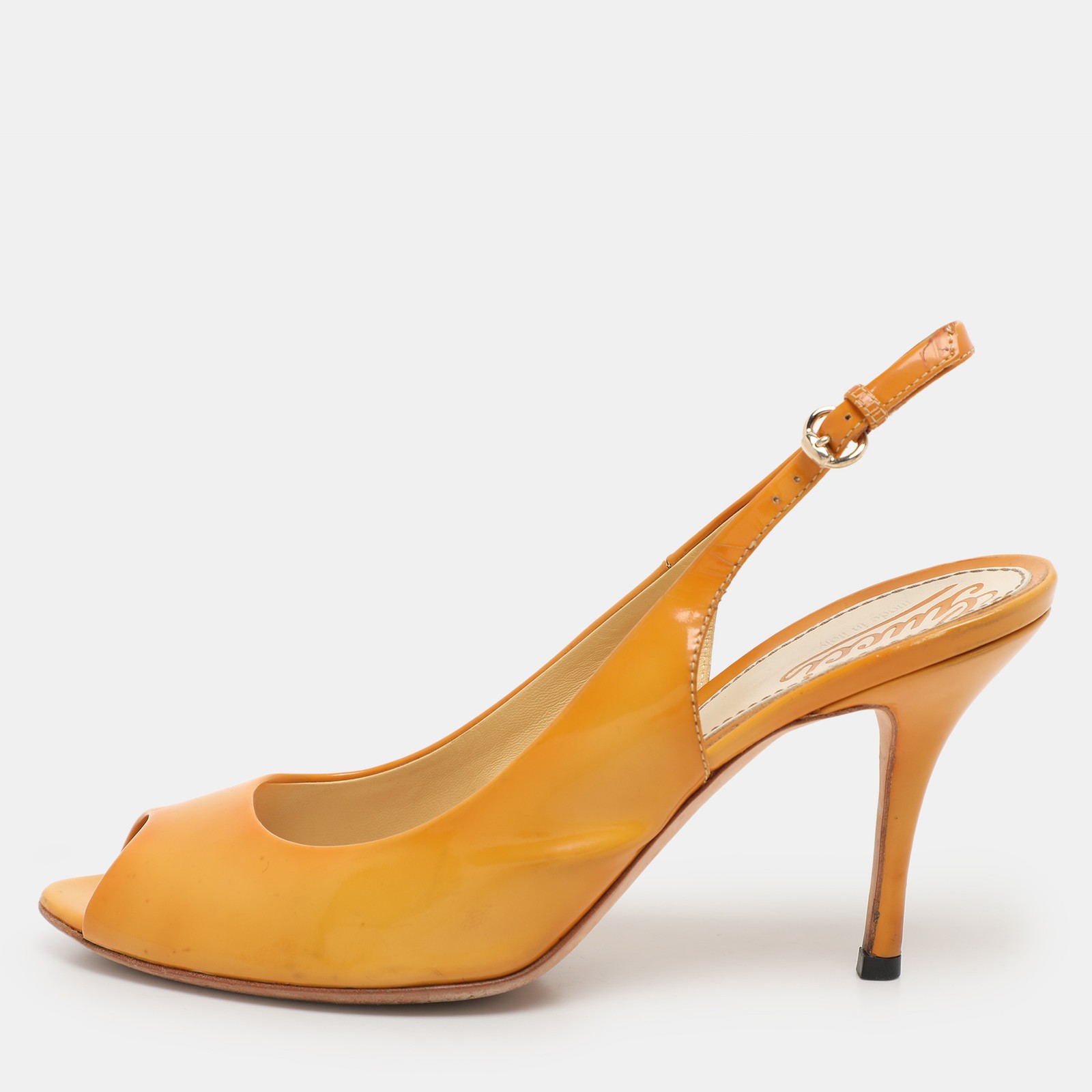 Gucci Yellow Patent Leather Peep Toe Slingback Heels Size 37