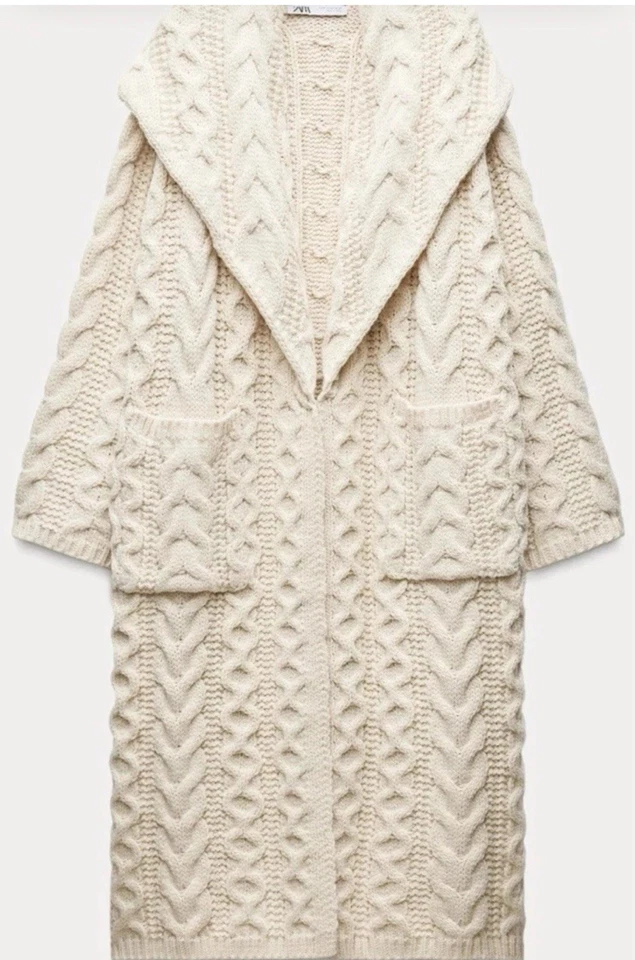 BNWT ZARA LONG CABLE-KNIT COAT ECRU NEW FW24/25 SIZE S REF. 3653/109 - Image 3 of 4