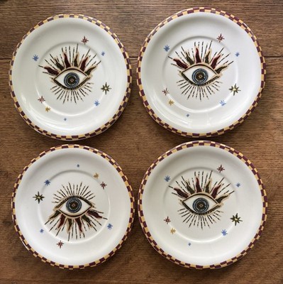 Set of 4 Anthropologie Fortune Stoneware Evil Eye 8.25'' Plates