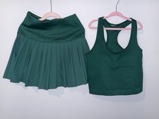Girls Tennis Skirt  Racerback Athletic Top 2-Piece Outfit Green Pleated