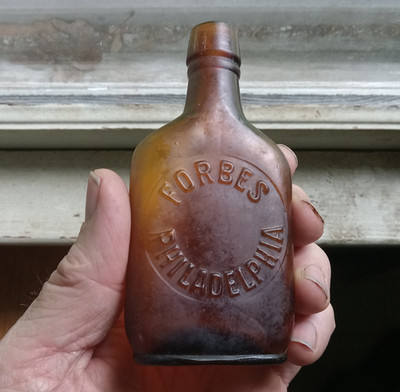 FORBES PHILADELPHIA AMBER MINI 4 3/8'' SAMPLE POCKET WHISKEY FLASK PRE PRO 1890s