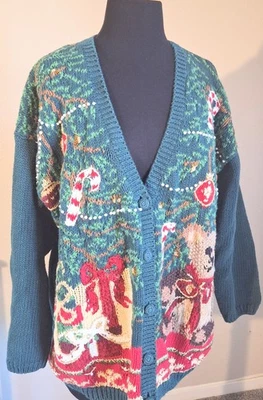 Vintage Tiara International Women's Green Cardigan Christmas Sweater Large - Image 1 of 4