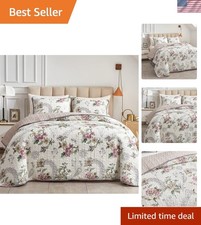 Elegant Beige Floral Reversible Quilt Set - 3 Pieces Full/Queen Size, 90" x 90"
