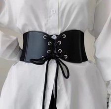Black Tied Leather Corset Waist Women Wide Belt Clincher Stretchy One Size New