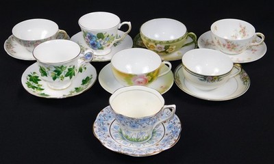 Lot of 8 Vtg Fine Bone China Mixed Pink Blue Purple Floral Teacup & Saucer Sets