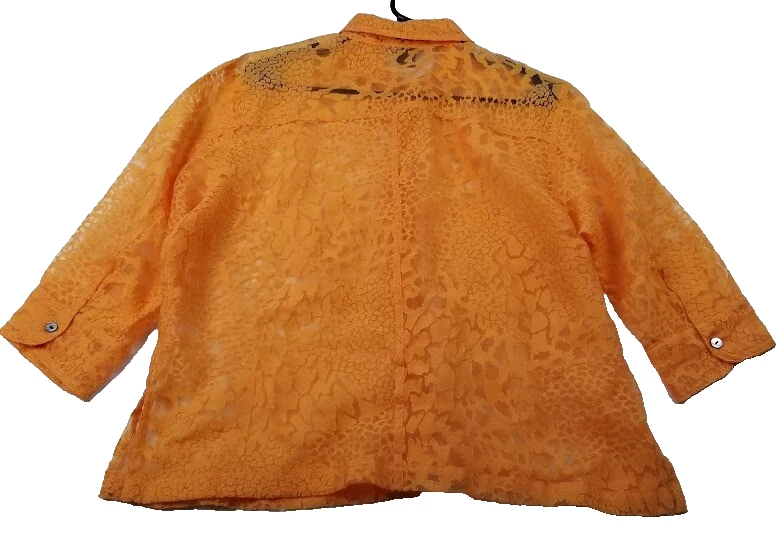 Camisa Mirasol Abotonada Mujer Grande Naranja Estampado Animal Transparente Mangas 3/4 Delgada Foto 3 de 4