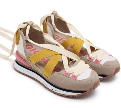 Gioseppo Women's Athletic Sneakers Colorblock Beige Yellow Pink Ribbon Lace-Up